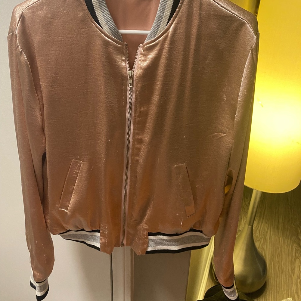 Cute Bowling Style Pink Bomber Jacket with Black and Silver collar and details